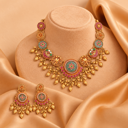 Elephant & Floral Heritage Necklace Set with Matching Earrings
