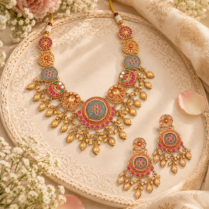 Elephant & Floral Heritage Necklace Set with Matching Earrings