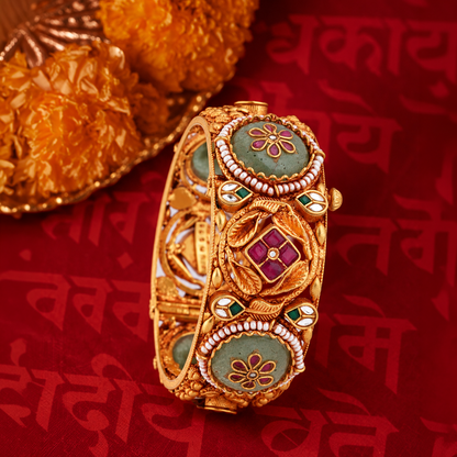 Floral Medallion Heritage Bangle with Ruby & Green Accents