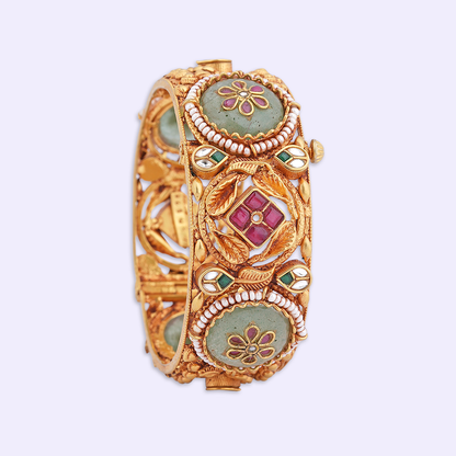 Floral Medallion Heritage Bangle with Ruby & Green Accents