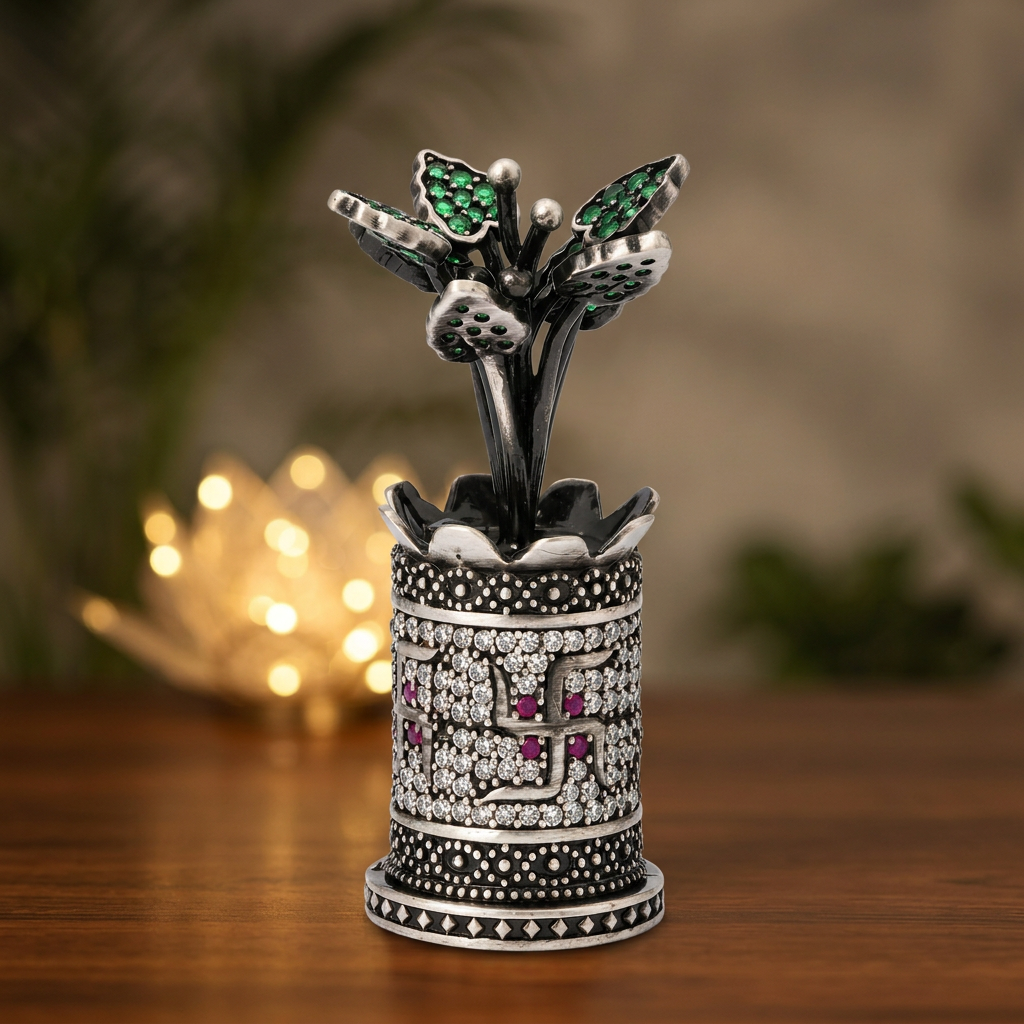 Antique Silver Tone Tulsi Plant Showpiece with Swastik & Green Stone Work