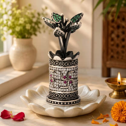 Antique Silver Tone Tulsi Plant Showpiece with Swastik & Green Stone Work