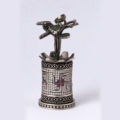 Antique Silver Tone Tulsi Plant Showpiece with Swastik & Green Stone Work