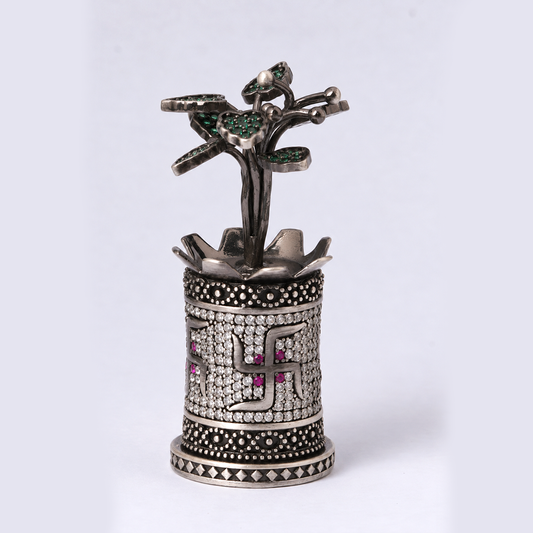 Antique Silver Tone Tulsi Plant Showpiece with Swastik & Green Stone Work