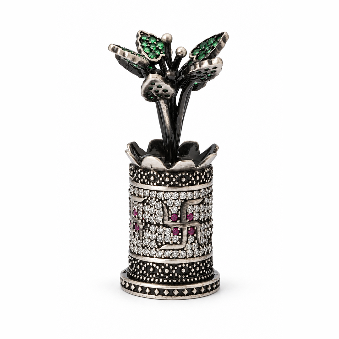 Antique Silver Tone Tulsi Plant Showpiece with Swastik & Green Stone Leaves