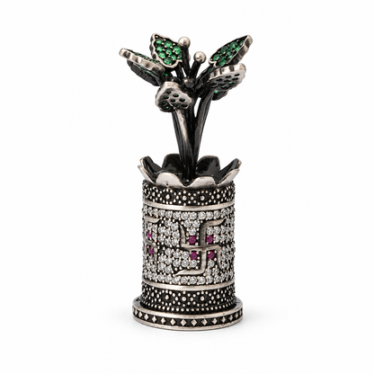Antique Silver Tone Tulsi Plant Showpiece with Swastik & Green Stone Leaves
