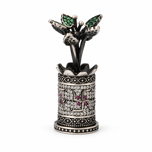 Antique Silver Tone Tulsi Plant Showpiece with Swastik & Green Stone Leaves