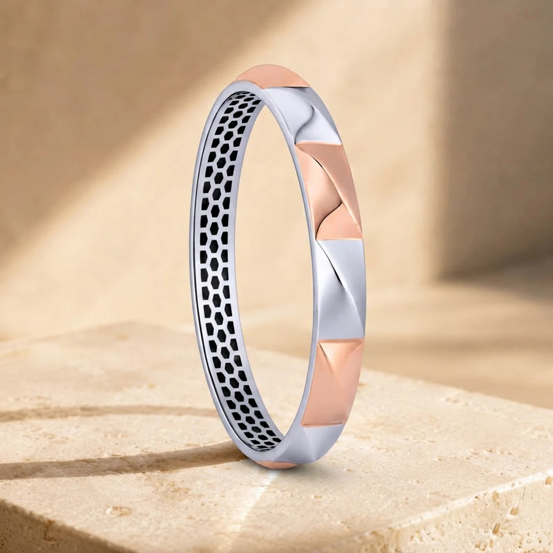 Rose-Silver Sculpted Panel Ladies Bangle | 925 Sterling Silver
