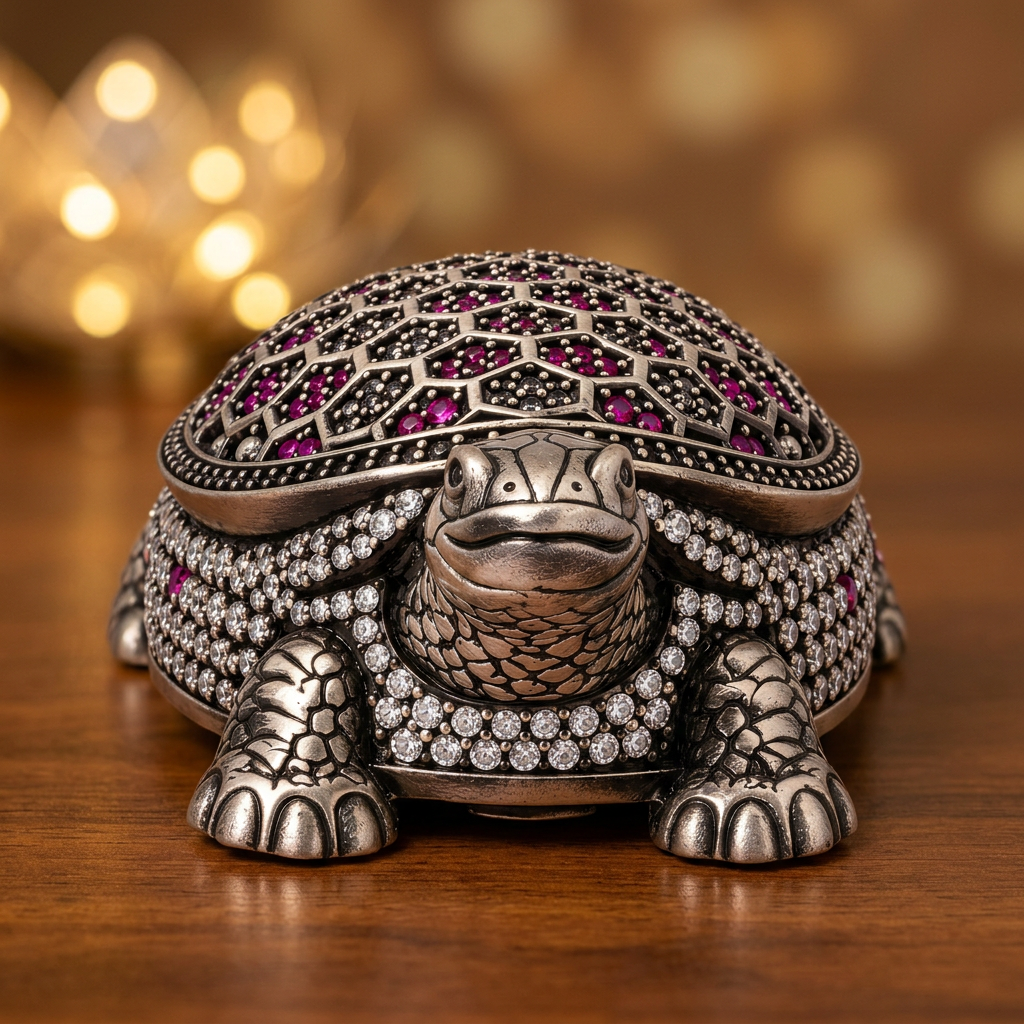 Antique Silver Tone Decorative Tortoise Showpiece with Pink & Clear Stone Work