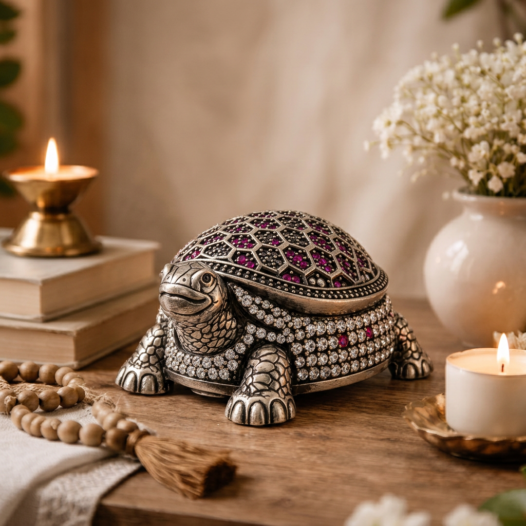 Antique Silver Tone Decorative Tortoise Showpiece with Pink & Clear Stone Work