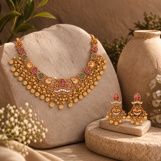 Floral Heritage Choker Necklace Set with Matching Earrings