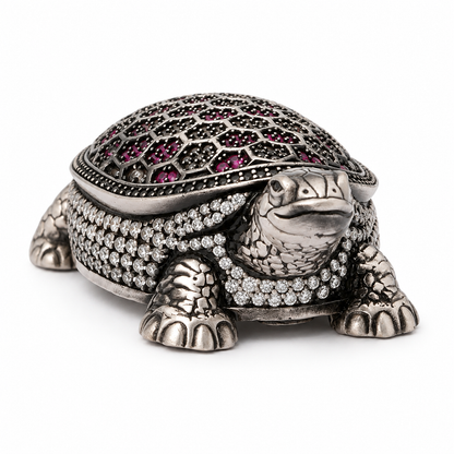 Antique Silver Tone Decorative Tortoise Showpiece with Pink & Clear Stone Work