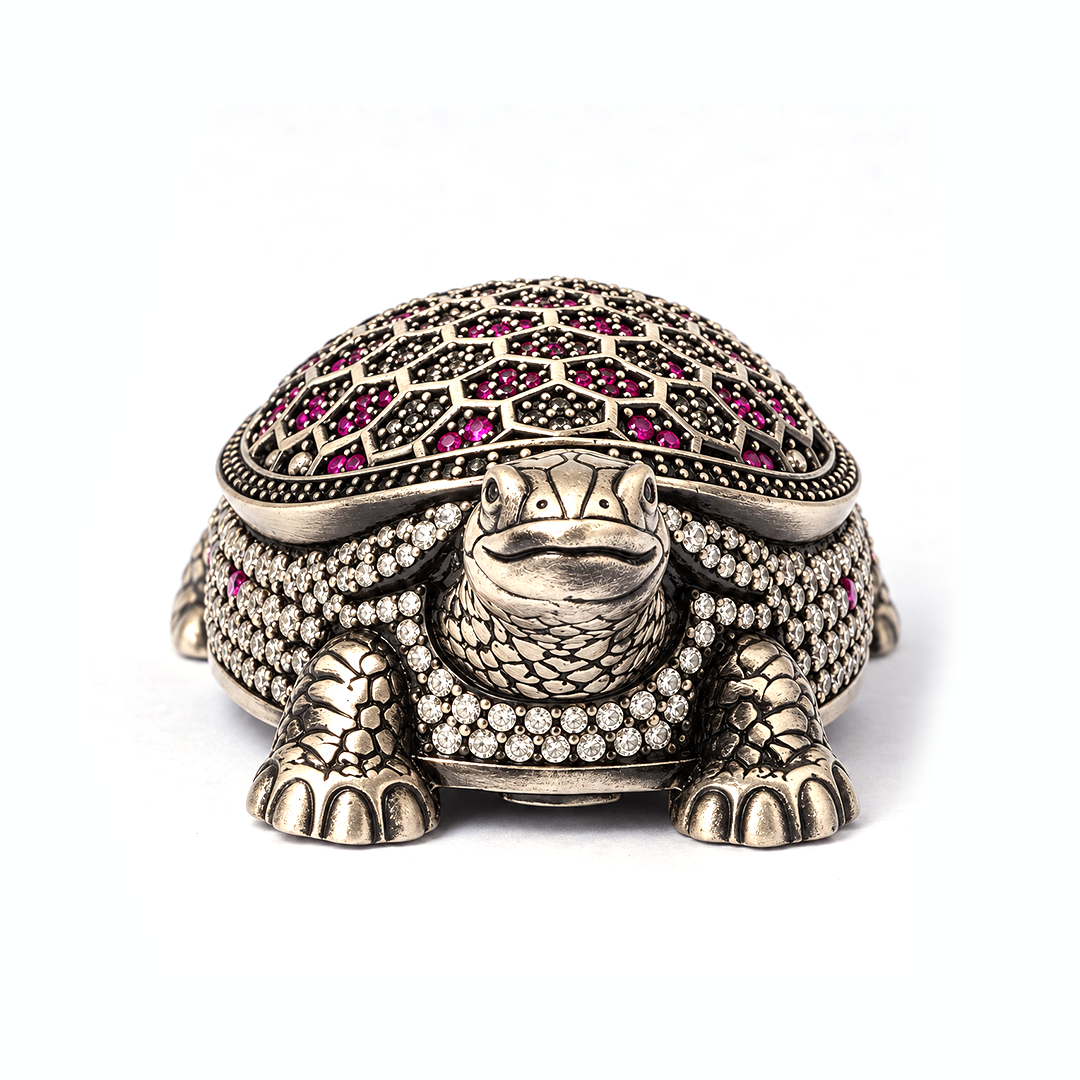 Antique Silver Tone Decorative Tortoise Showpiece with Pink & Clear Stone Work