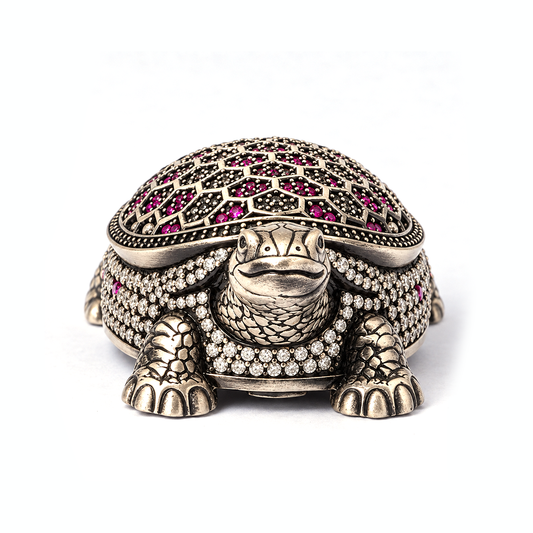 Antique Silver Tone Decorative Tortoise Showpiece with Pink & Clear Stone Work