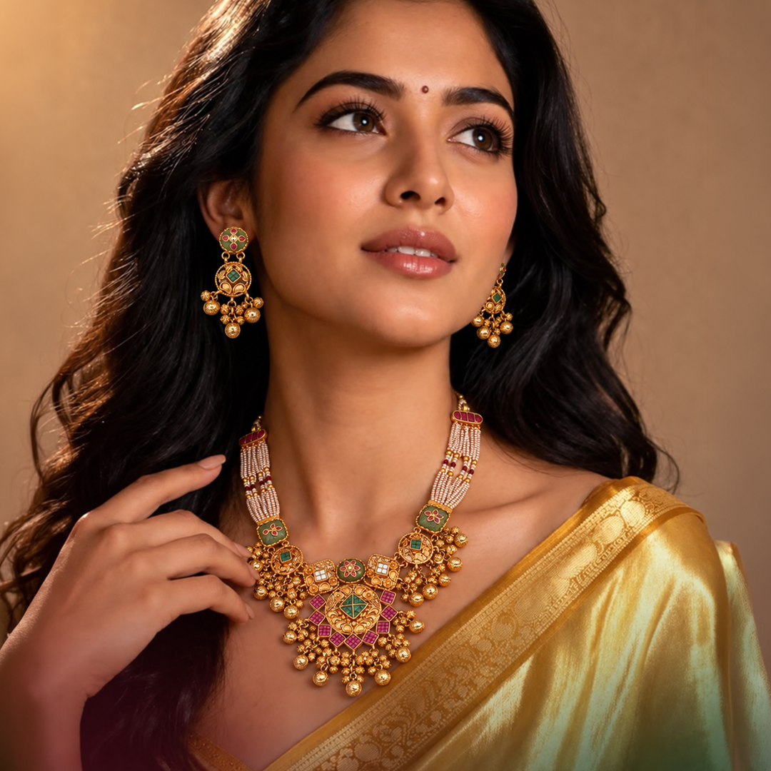 Geometric Heritage Pearl-Strand Necklace Set with Matching Earrings