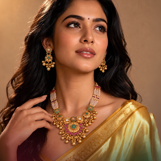 Geometric Heritage Pearl-Strand Necklace Set with Matching Earrings