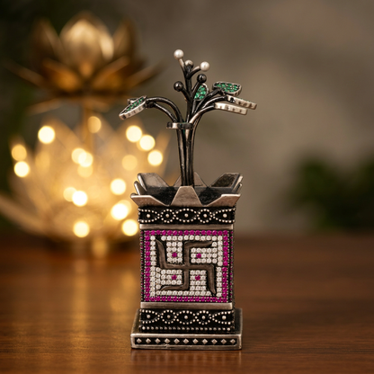 Antique Silver Tone Tulsi Plant Showpiece with Swastik & Green Stone Work (Copy)