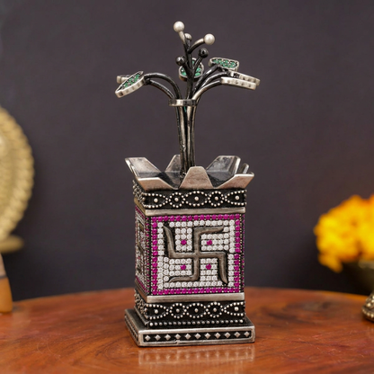 Antique Silver Tone Tulsi Plant Showpiece with Swastik & Green Stone Work (Copy)