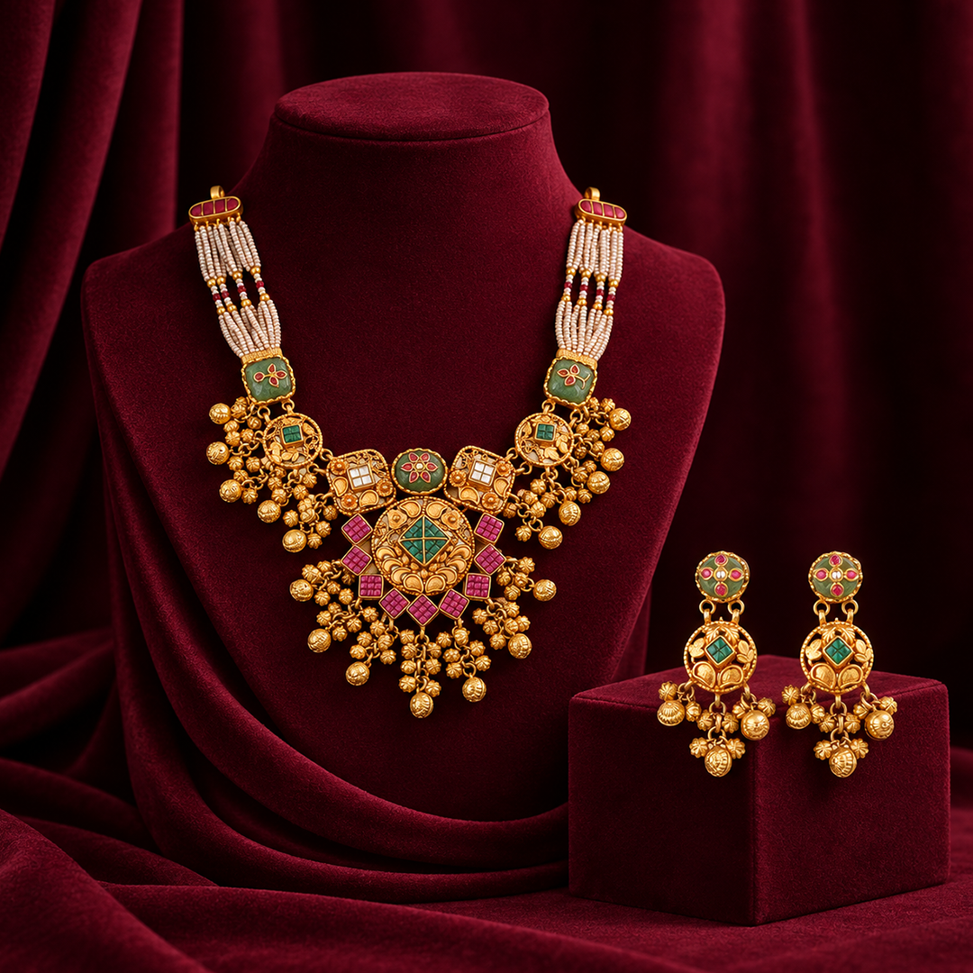 Geometric Heritage Pearl-Strand Necklace Set with Matching Earrings