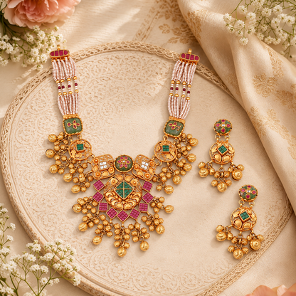 Geometric Heritage Pearl-Strand Necklace Set with Matching Earrings