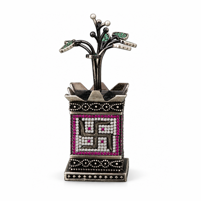 Antique Silver Tone Tulsi Plant Showpiece with Swastik & Green Stone Work (Copy)