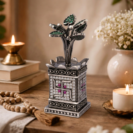 Antique Silver Tone Tulsi Plant Showpiece with Swastik & Green Stone Work