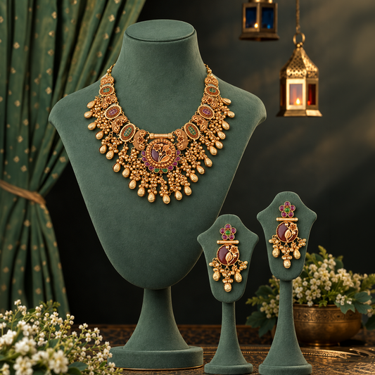 Floral Medallion Heritage Necklace Set with Matching Earrings