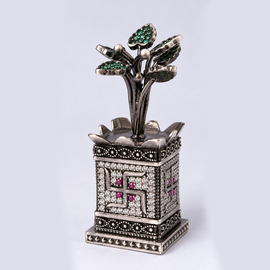 Antique Silver Tone Tulsi Plant Showpiece with Swastik & Green Stone Work