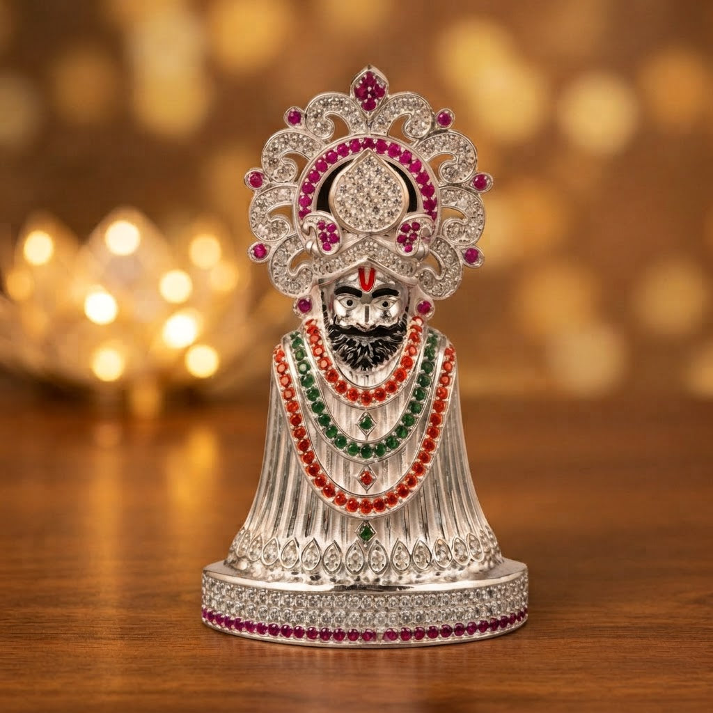 Silver Tone Ramdevpir Idol with Multicolor Stone Work