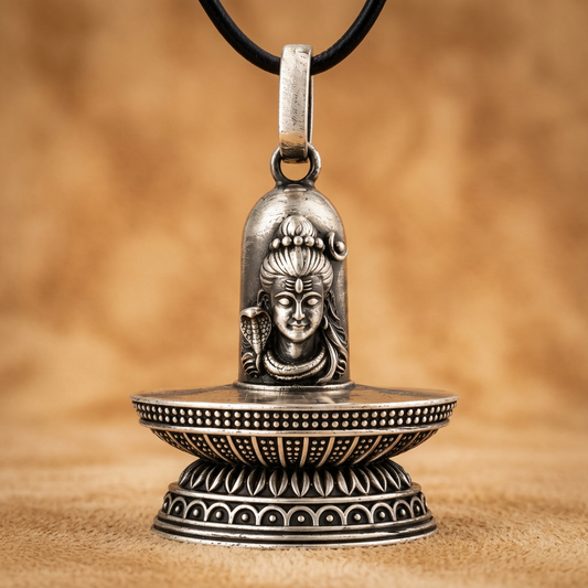 Antique Silver Tone Lord Shiva Shivling Pendant with Serpent & Crescent Moon