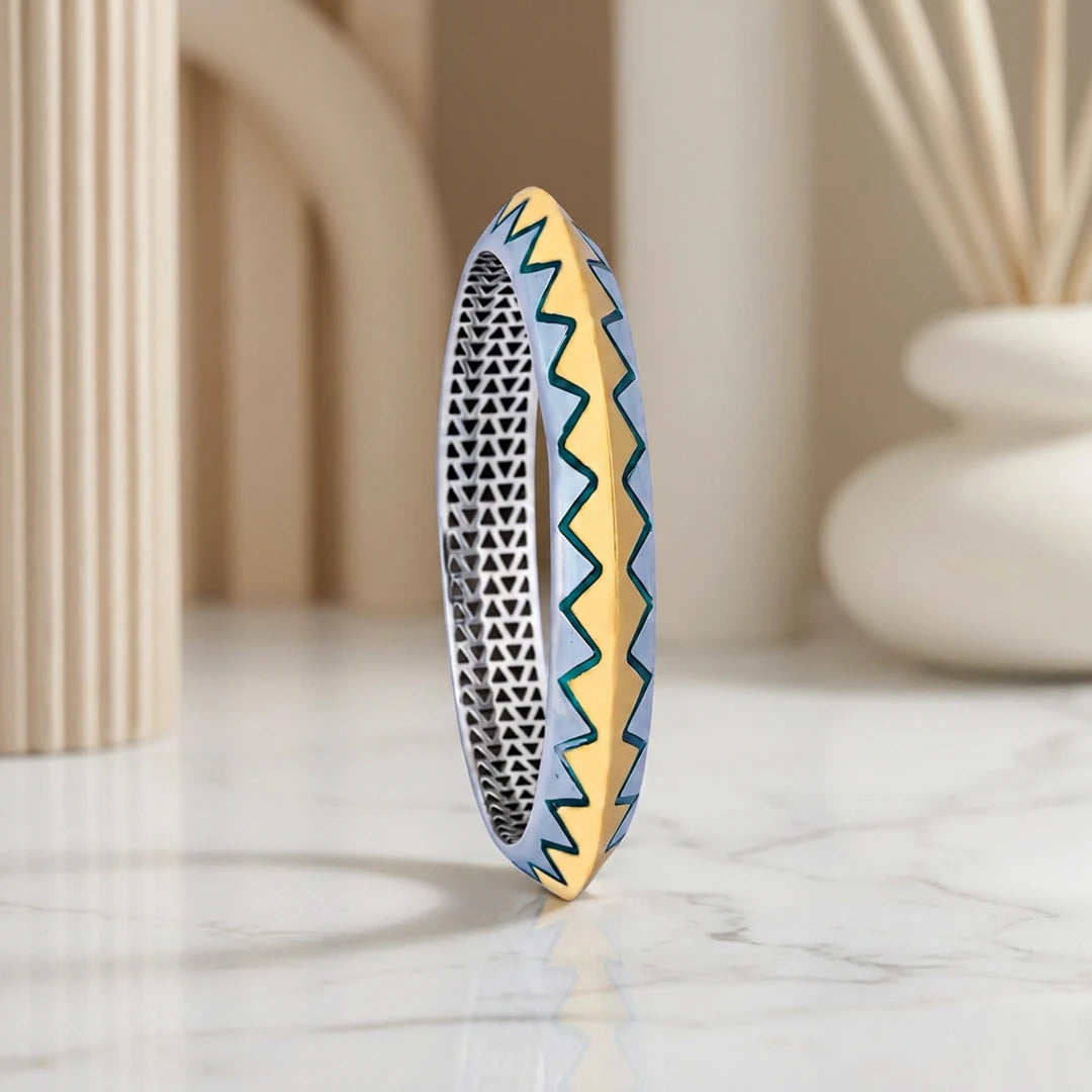 Gold-Silver Enamel Zigzag Ladies Bangle | 925 Sterling Silver