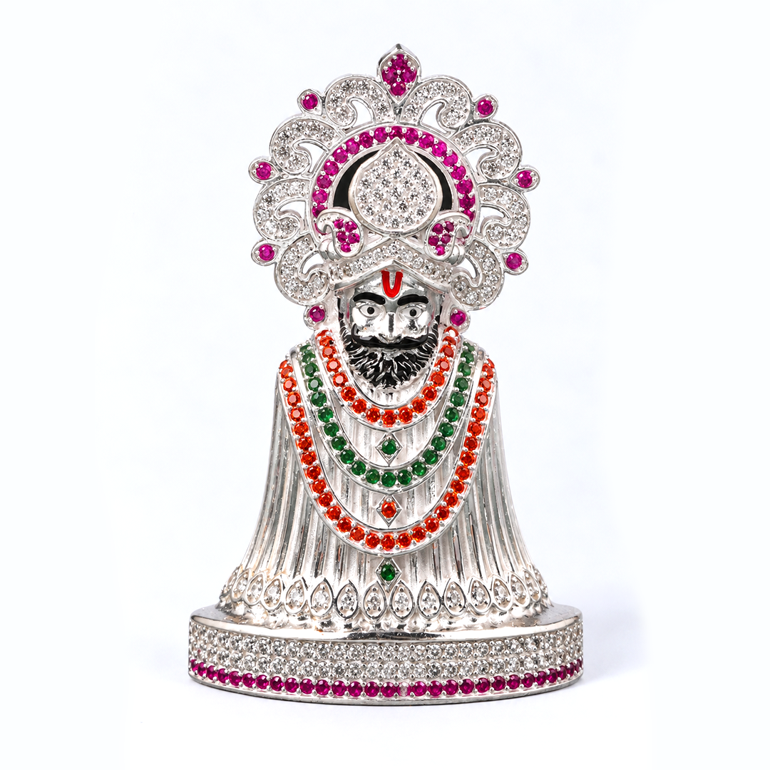 Silver Tone Ramdevpir Idol with Multicolor Stone Work