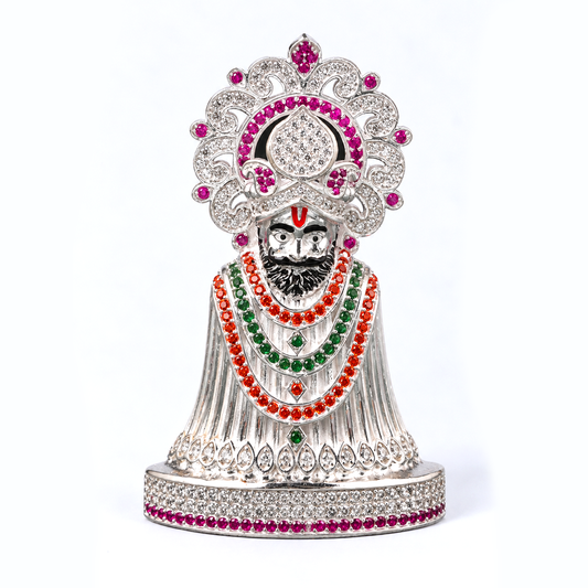 Silver Tone Ramdevpir Idol with Multicolor Stone Work