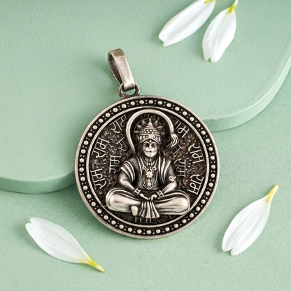 Antique Silver Tone Lord Hanuman Round Pendant with Devotional Script