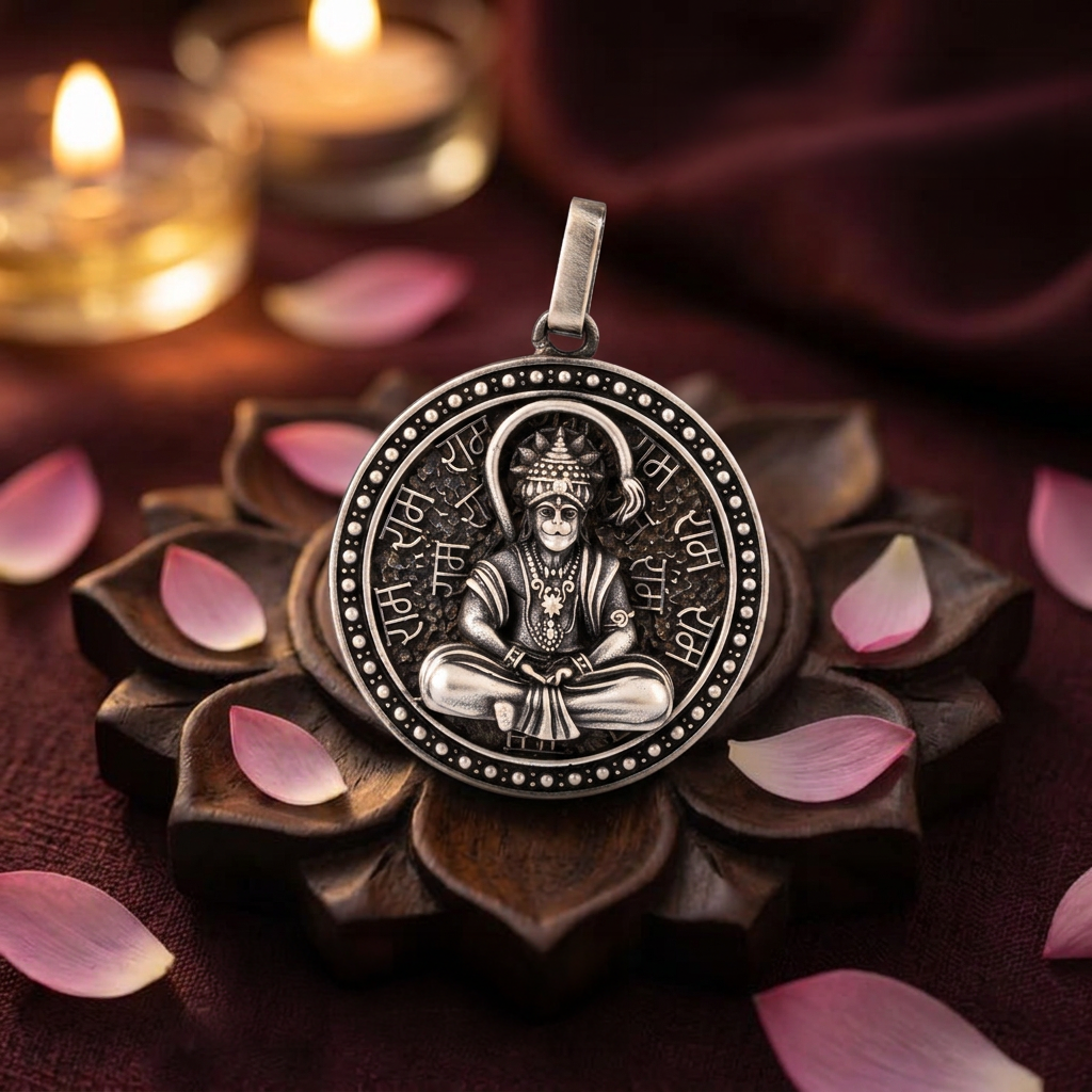 Antique Silver Tone Lord Hanuman Round Pendant with Devotional Script