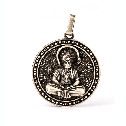 Antique Silver Tone Lord Hanuman Round Pendant with Devotional Script