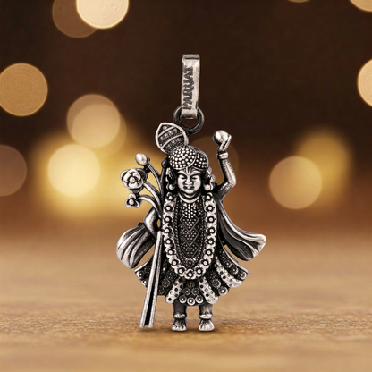 Antique Silver Tone Shrinathji Pendant with Traditional Ornamental Detailing