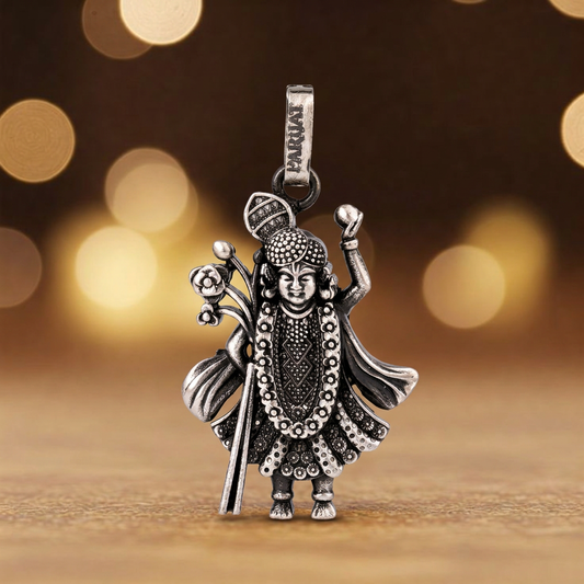 Antique Silver Tone Shrinathji Pendant with Traditional Ornamental Detailing