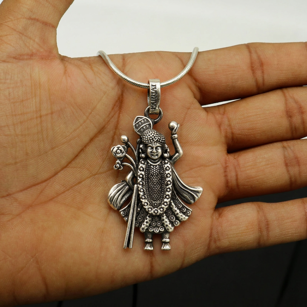 Antique Silver Tone Shrinathji Pendant with Traditional Ornamental Detailing