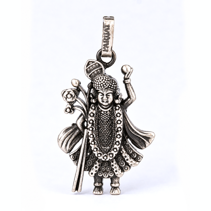 Antique Silver Tone Shrinathji Pendant with Traditional Ornamental Detailing
