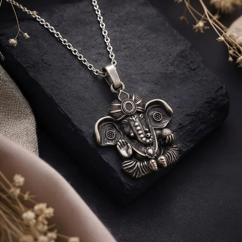 Antique Silver Tone Lord Ganesha Pendant with Modak & Blessing Hand
