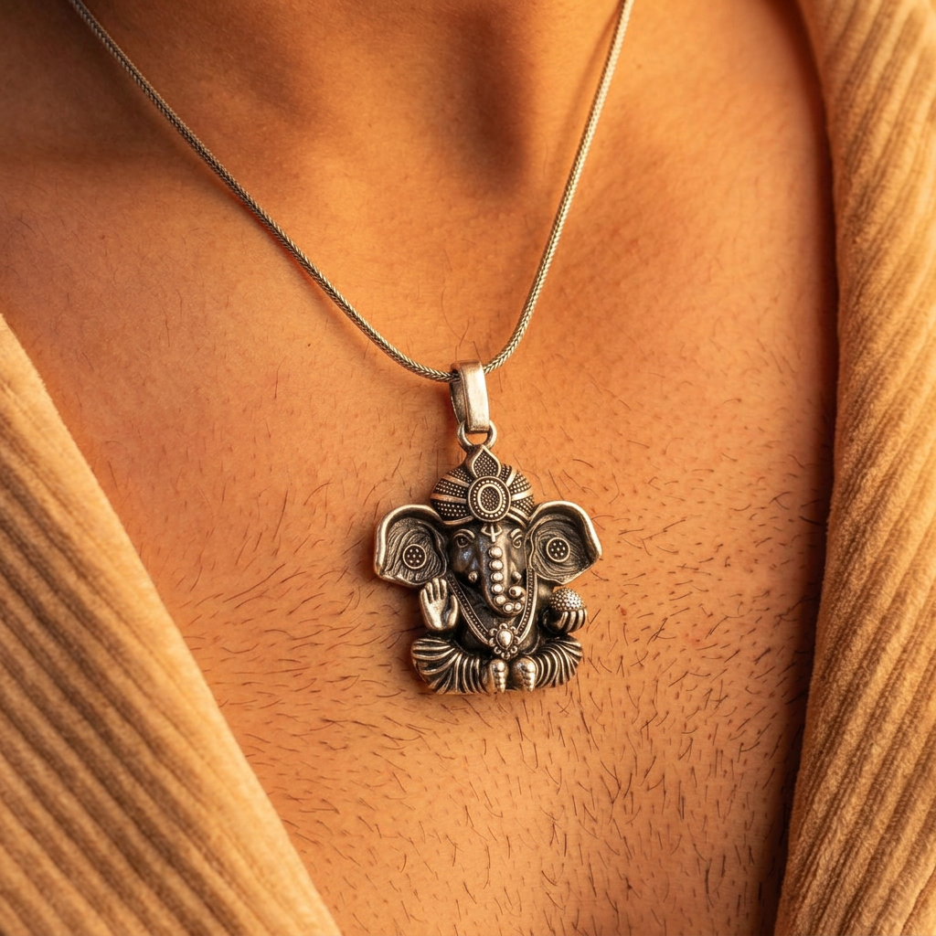 Antique Silver Tone Lord Ganesha Pendant with Modak & Blessing Hand