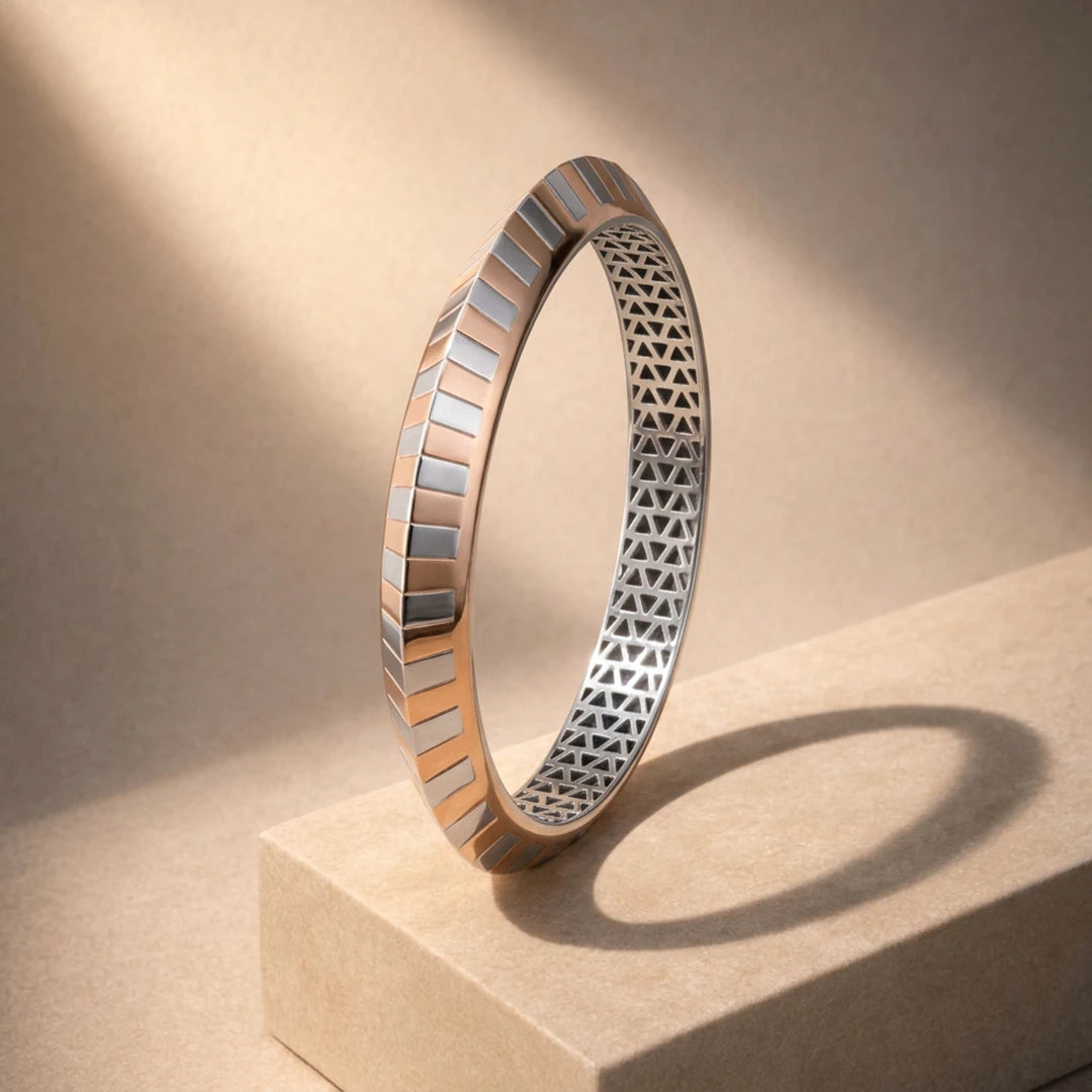 Rose-Silver Herringbone Stripe Ladies Bangle | 925 Sterling Silver