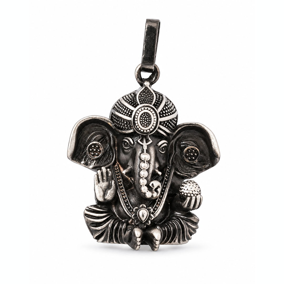 Antique Silver Tone Lord Ganesha Pendant with Modak & Blessing Hand
