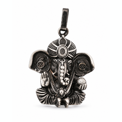 Antique Silver Tone Lord Ganesha Pendant with Modak & Blessing Hand