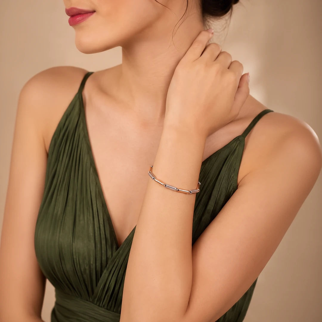 Dual-Tone Bar Link Ladies Bracelet | 925 Sterling Silver