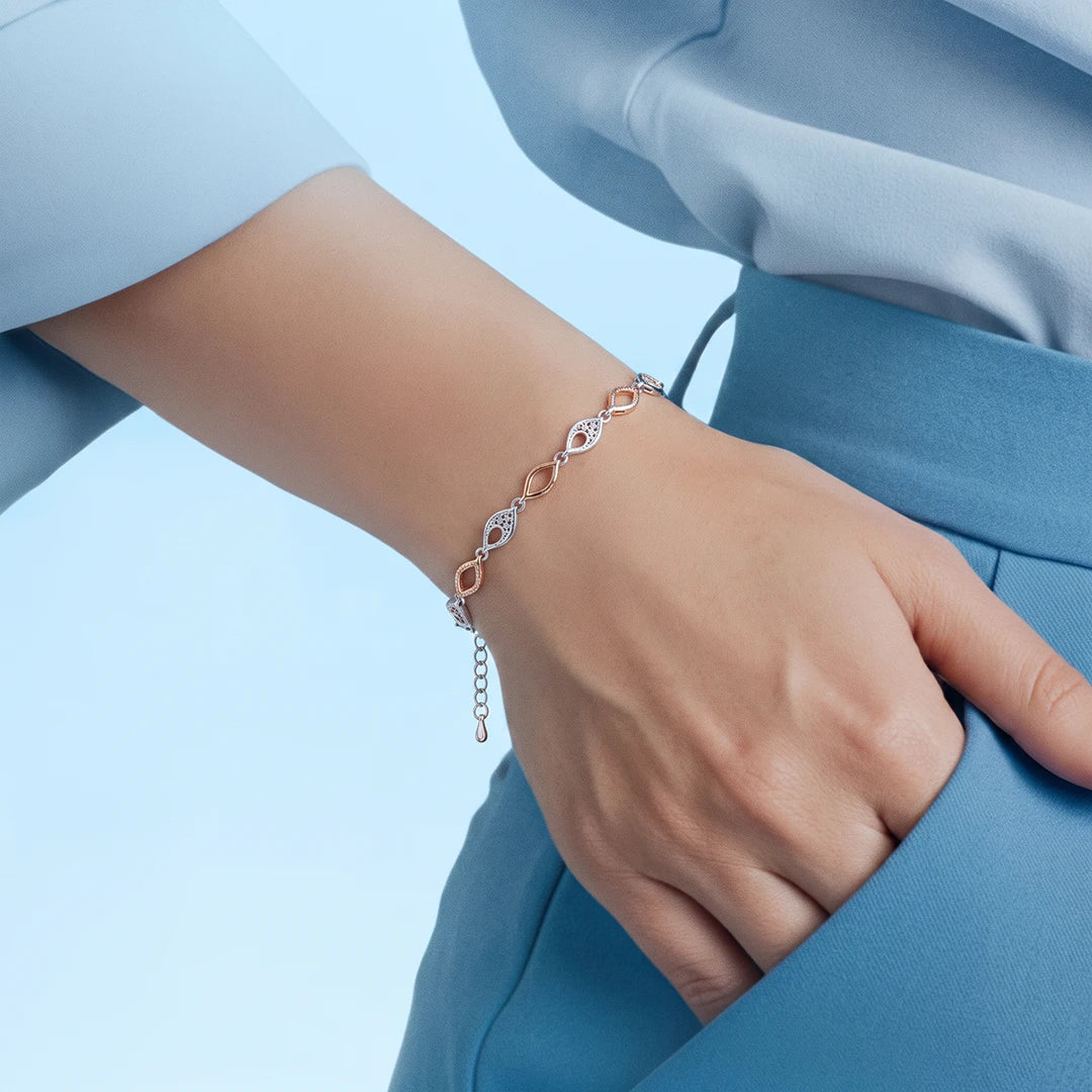Dual-Tone Leaf Link Ladies Bracelet | 925 Sterling Silver