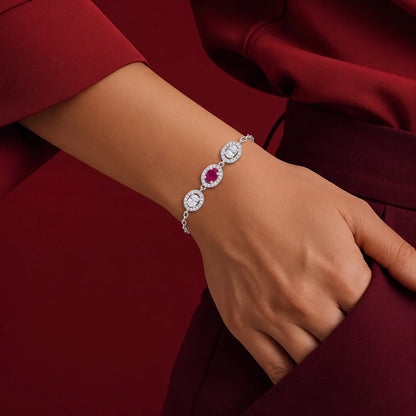 Crimson Oval Trio Halo Ladies Bracelet | 925 Sterling Silver