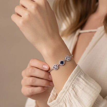 Royal Blue Trio Halo Link Ladies Bracelet | 925 Sterling Silver