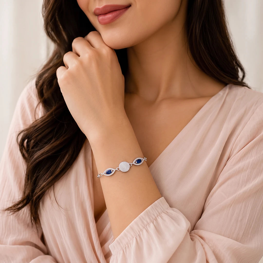 Blue Marquise Pavé Disc Ladies Bracelet | 925 Sterling Silver